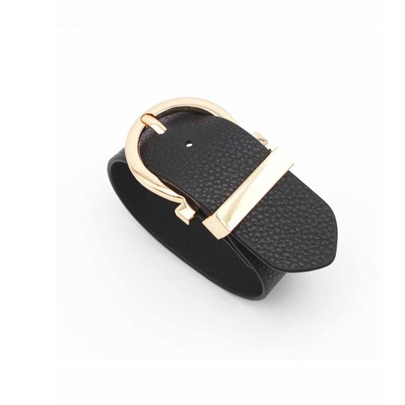 NWT Black Faux Leather Buckle Bracelet – Bold Gold-Tone Statement Cuff – Trendy - Picture 1 of 1